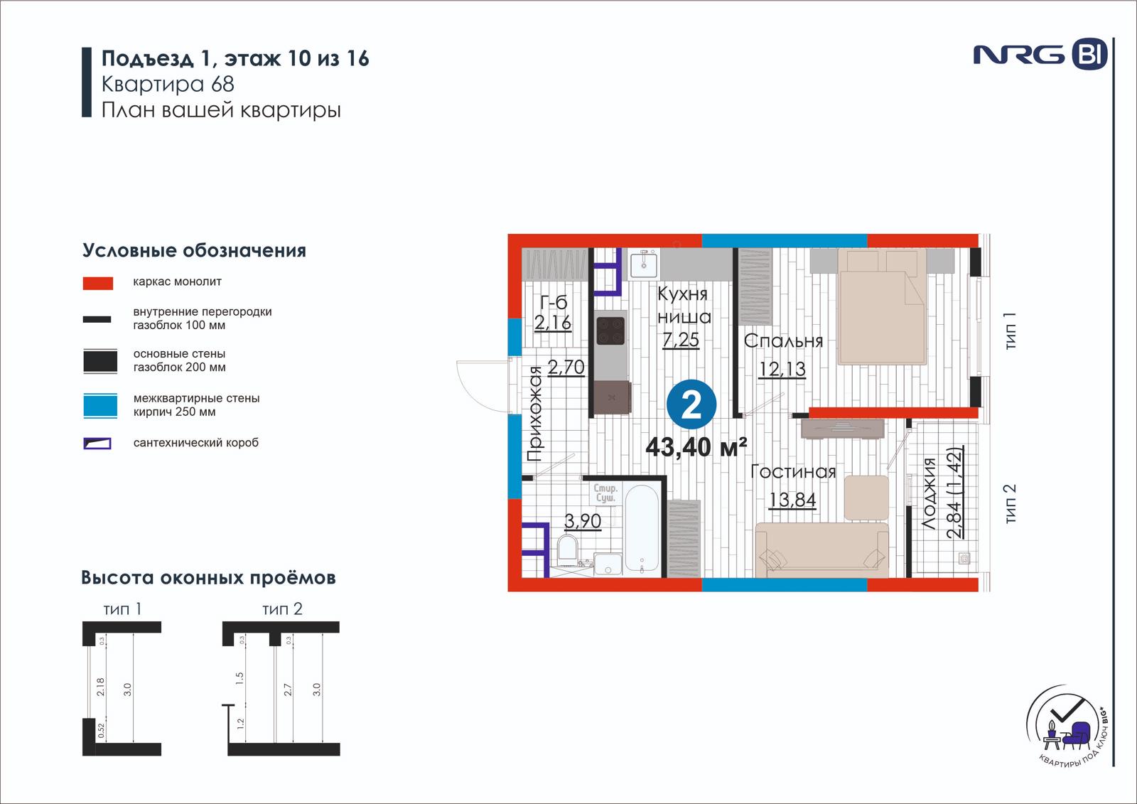 2-комнатная квартира, 43.4 м² — планировка