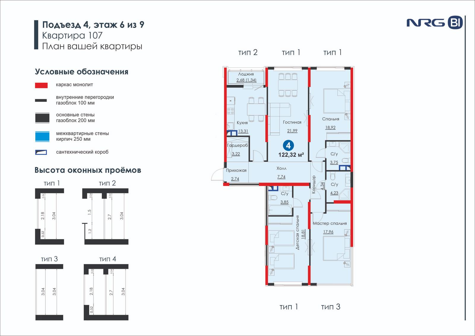 4-комнатная квартира, 122.3 м² — планировка