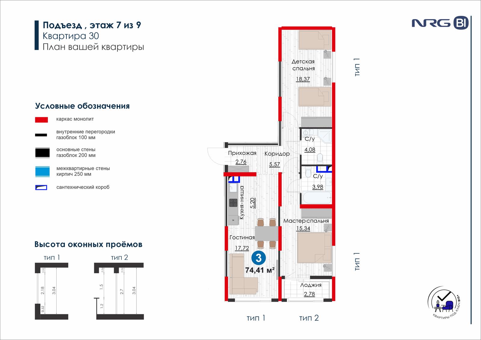 3-комнатная квартира, 74.4 м² — планировка