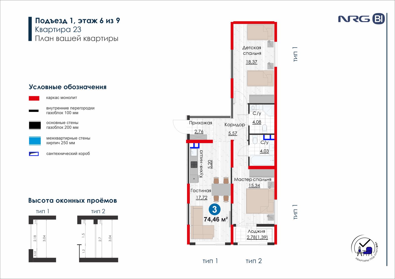 3-комнатная квартира, 74.5 м² — планировка