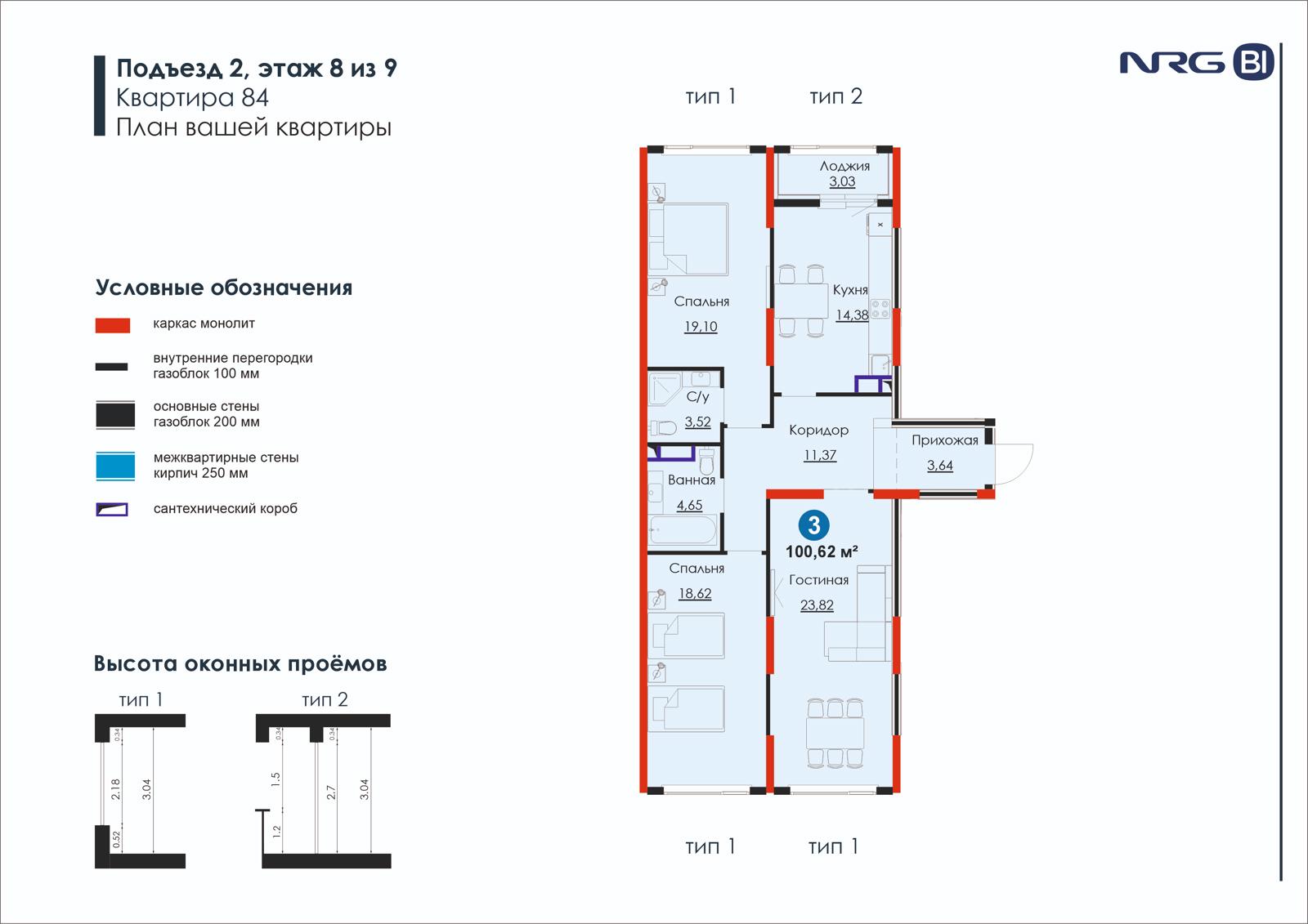 3-комнатная квартира, 100.6 м² — планировка