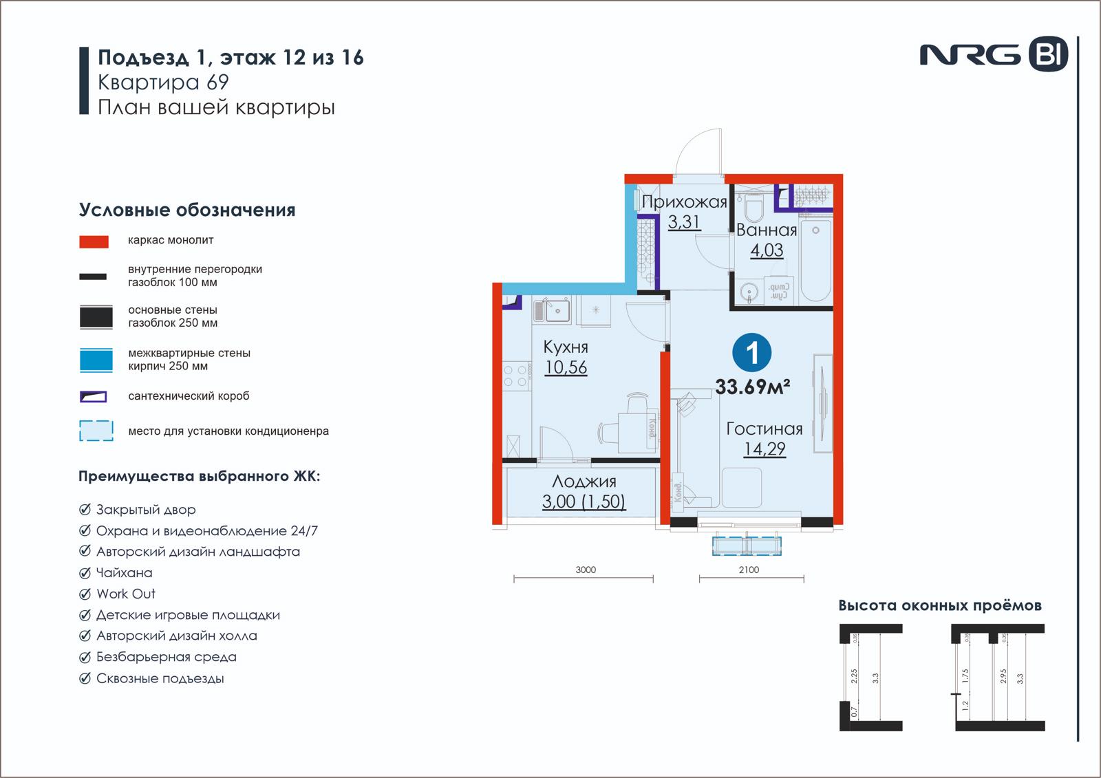 1 xonali kvartira, 33.7 m² — rejasi