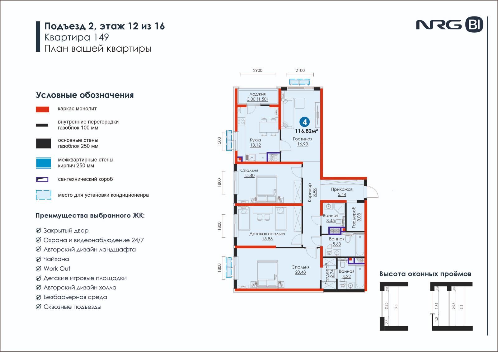 4-комнатная квартира, 116.8 м² — планировка