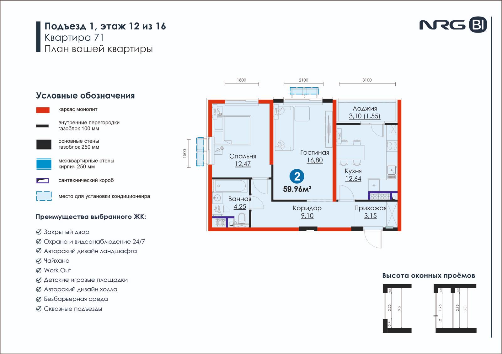 2-комнатная квартира, 60 м² — планировка