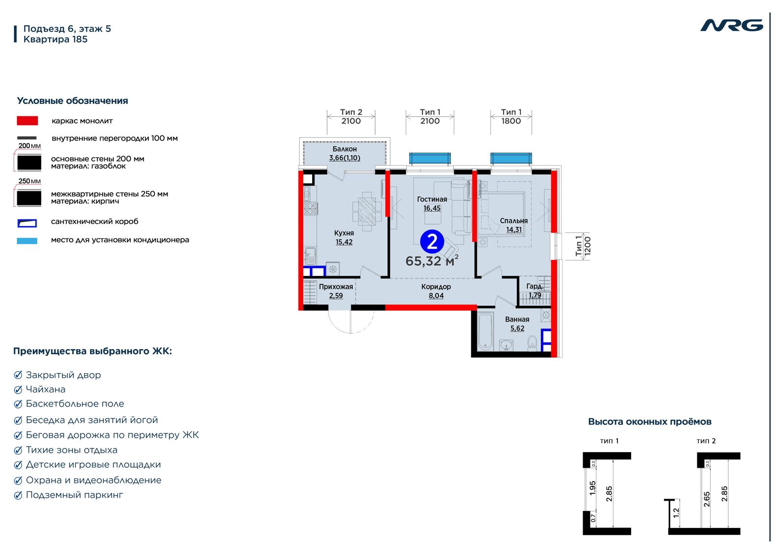 2-комнатная квартира, 65.3 м² — планировка