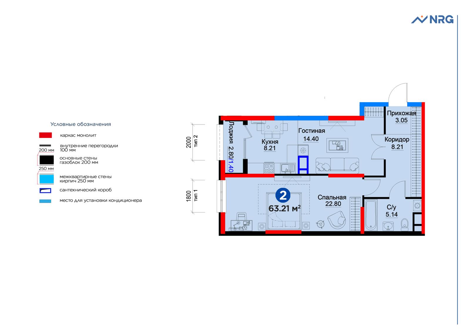 2-комнатная квартира, 63.2 м² — планировка