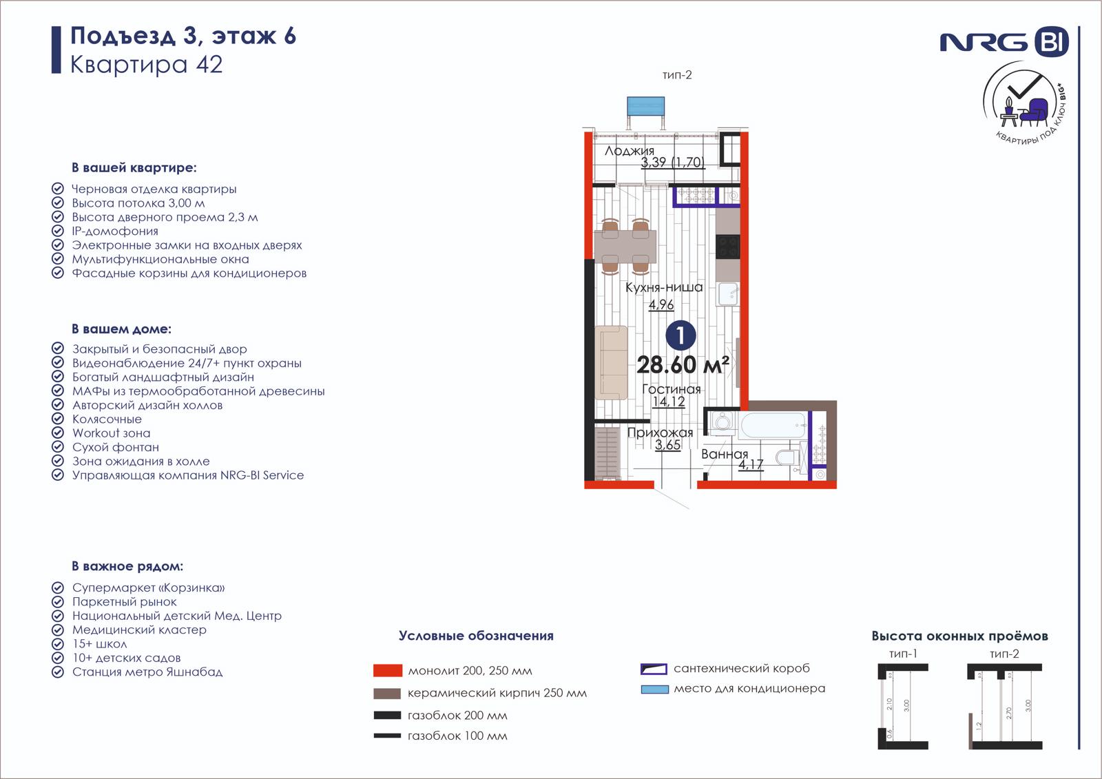 1-комнатная квартира, 28.6 м² — планировка