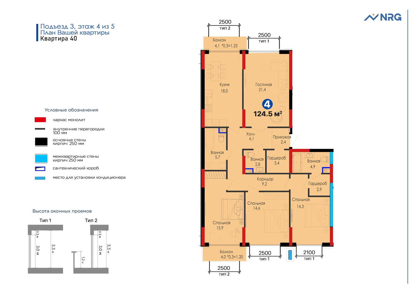 4-комнатная квартира, 124.5 м² — планировка