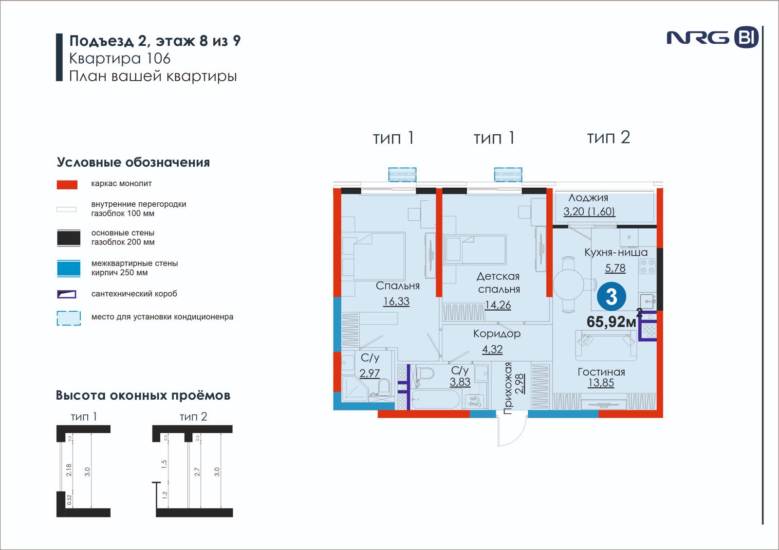 3-комнатная квартира, 65.9 м² — планировка