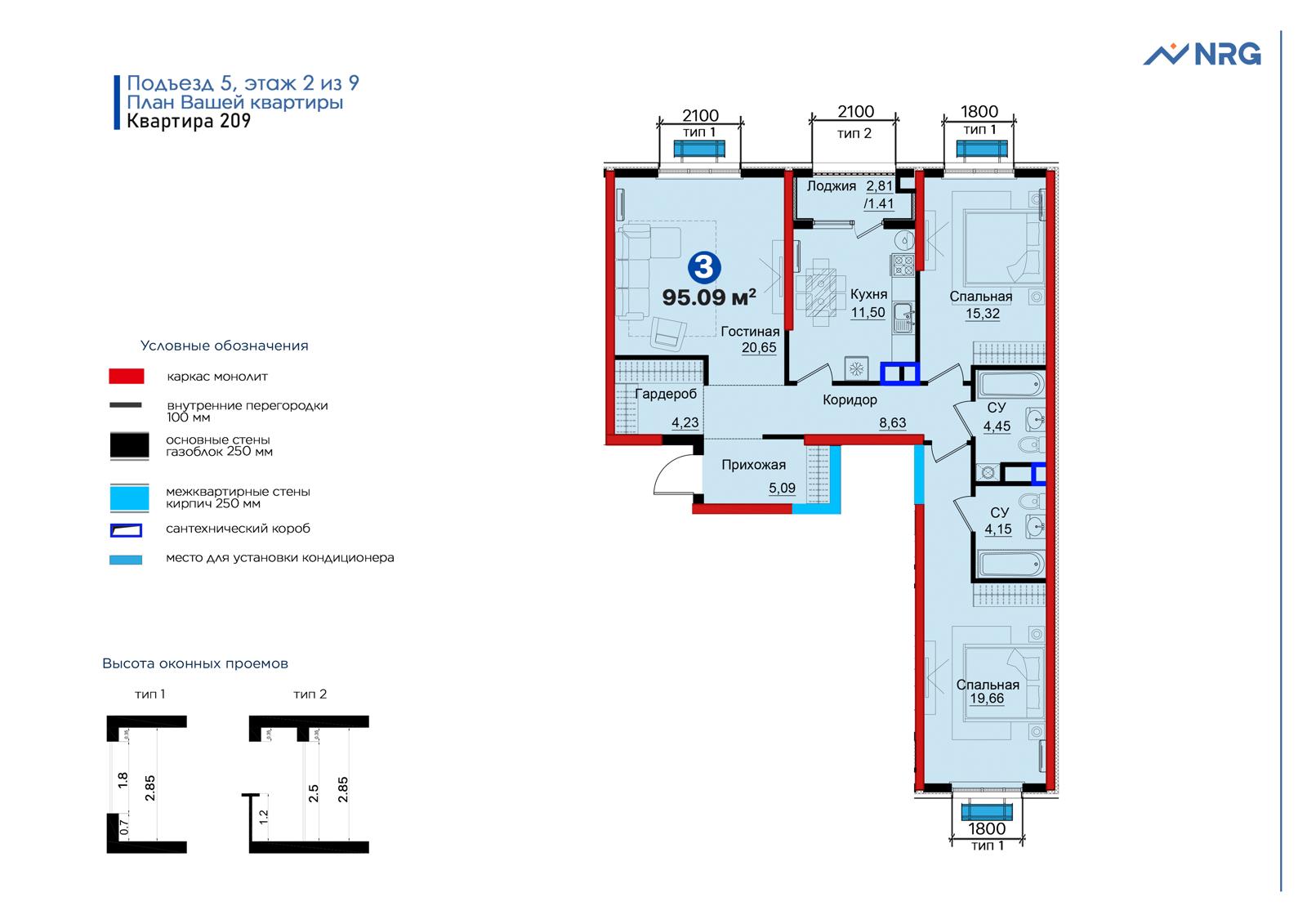 3-комнатная квартира, 95.1 м² — планировка