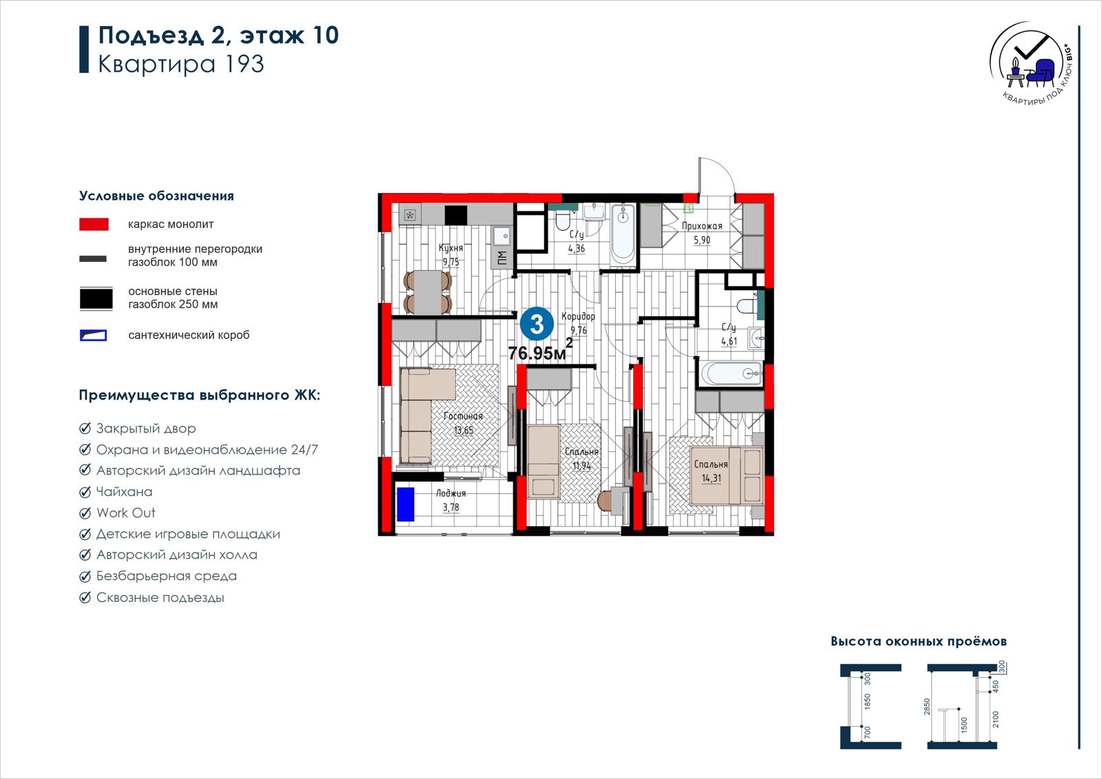 3 xonali kvartira, 77 m² — rejasi