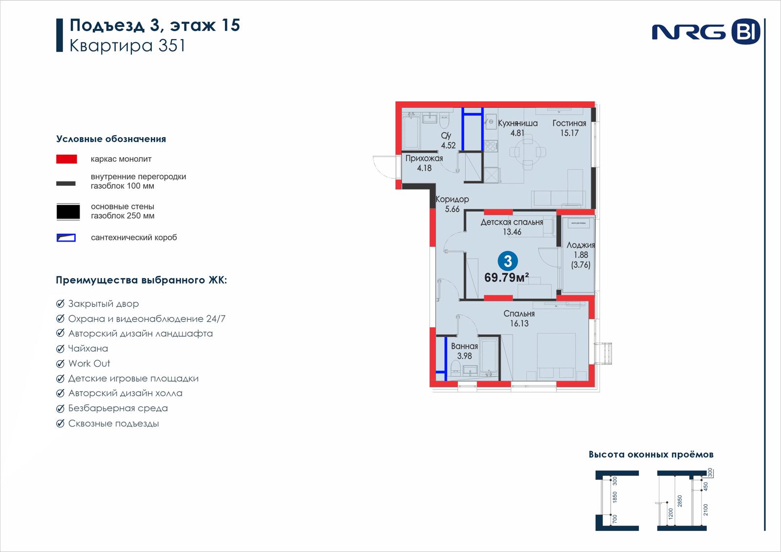 3-комнатная квартира, 69.8 м² — планировка