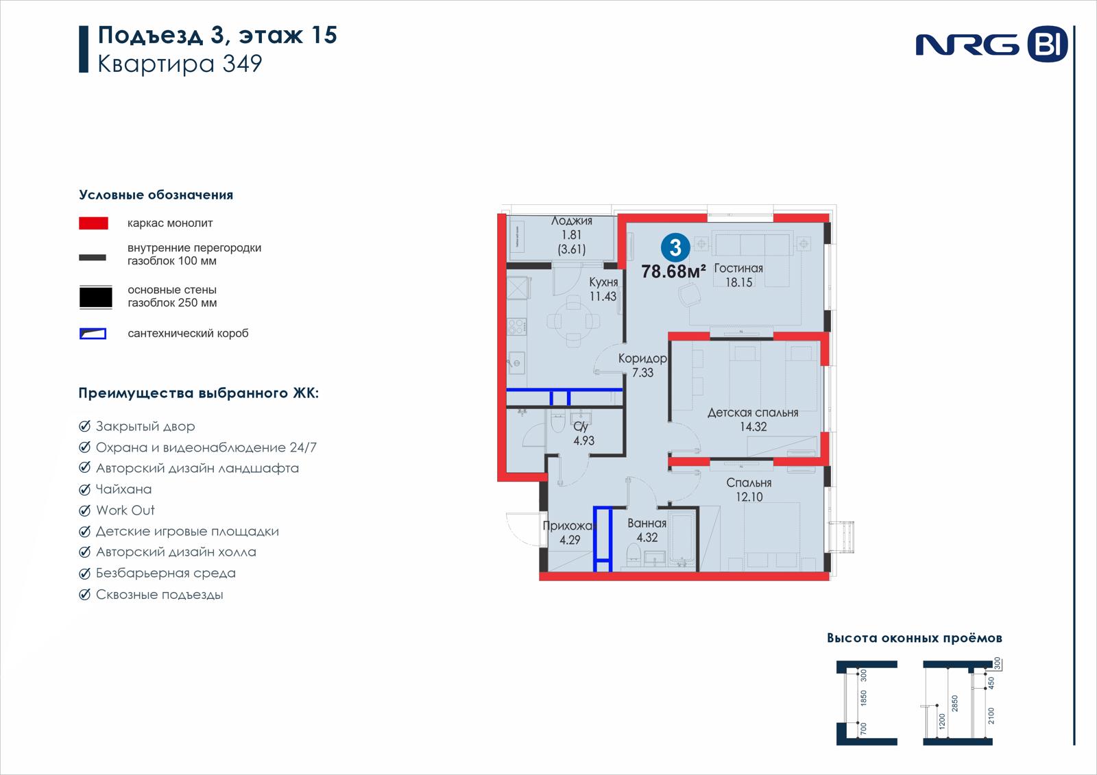 3-комнатная квартира, 78.7 м² — планировка