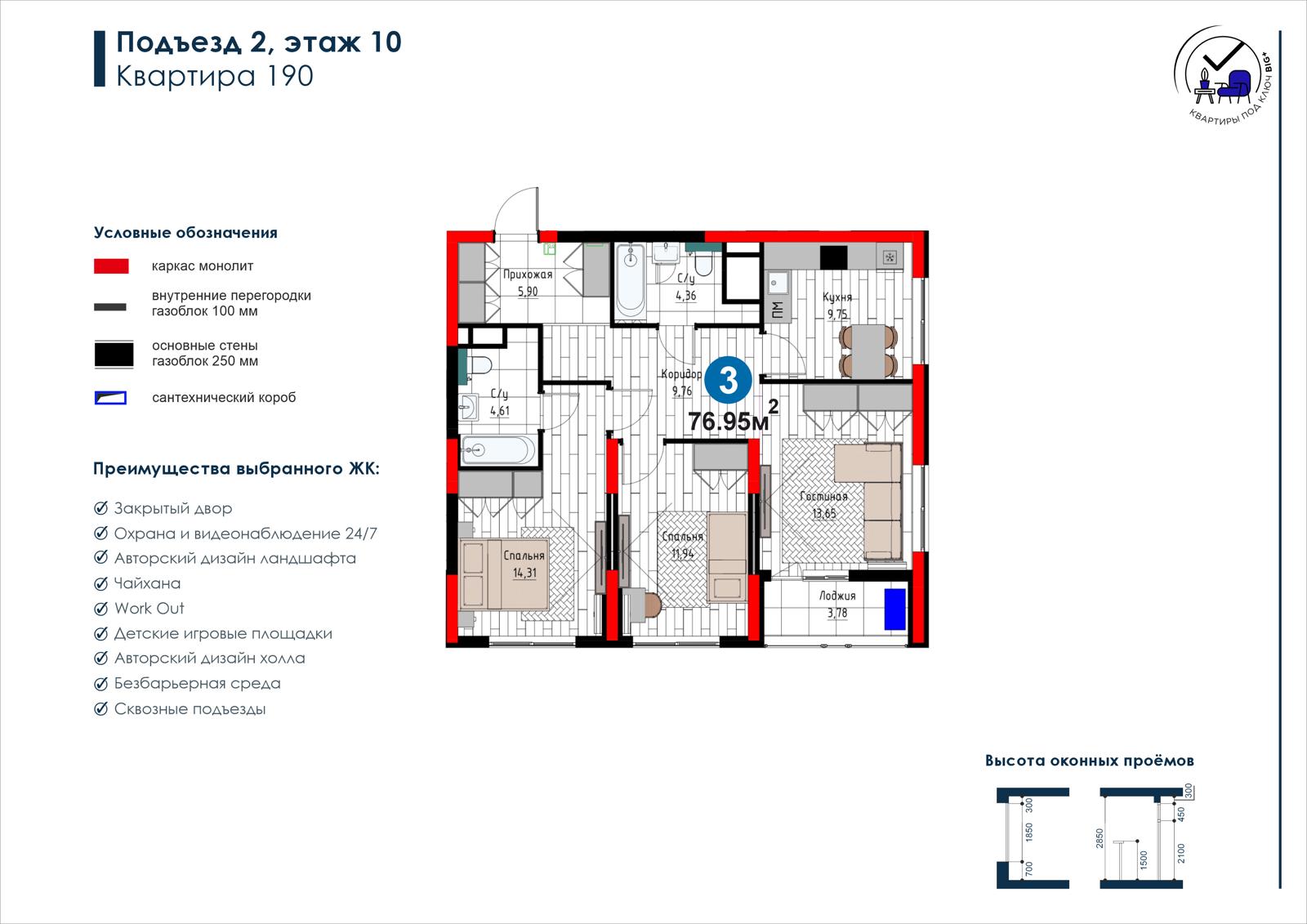 3 xonali kvartira, 77 m² — rejasi