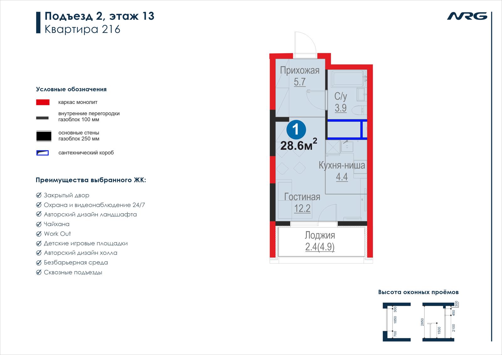 1-комнатная квартира, 28.6 м² — планировка