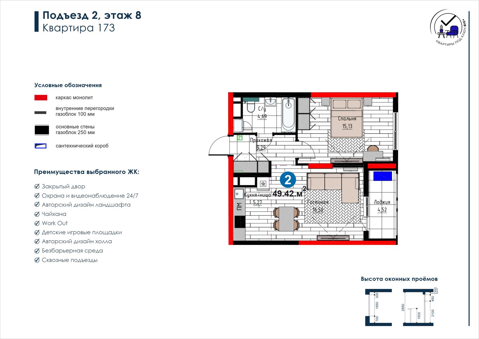 2-комнатная квартира, 49.4 м² — планировка