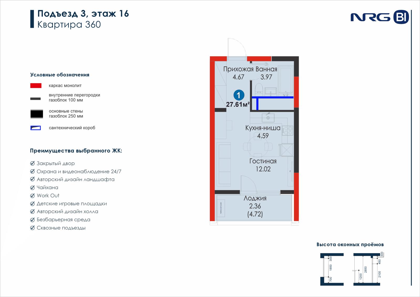 1-комнатная квартира, 27.6 м² — планировка