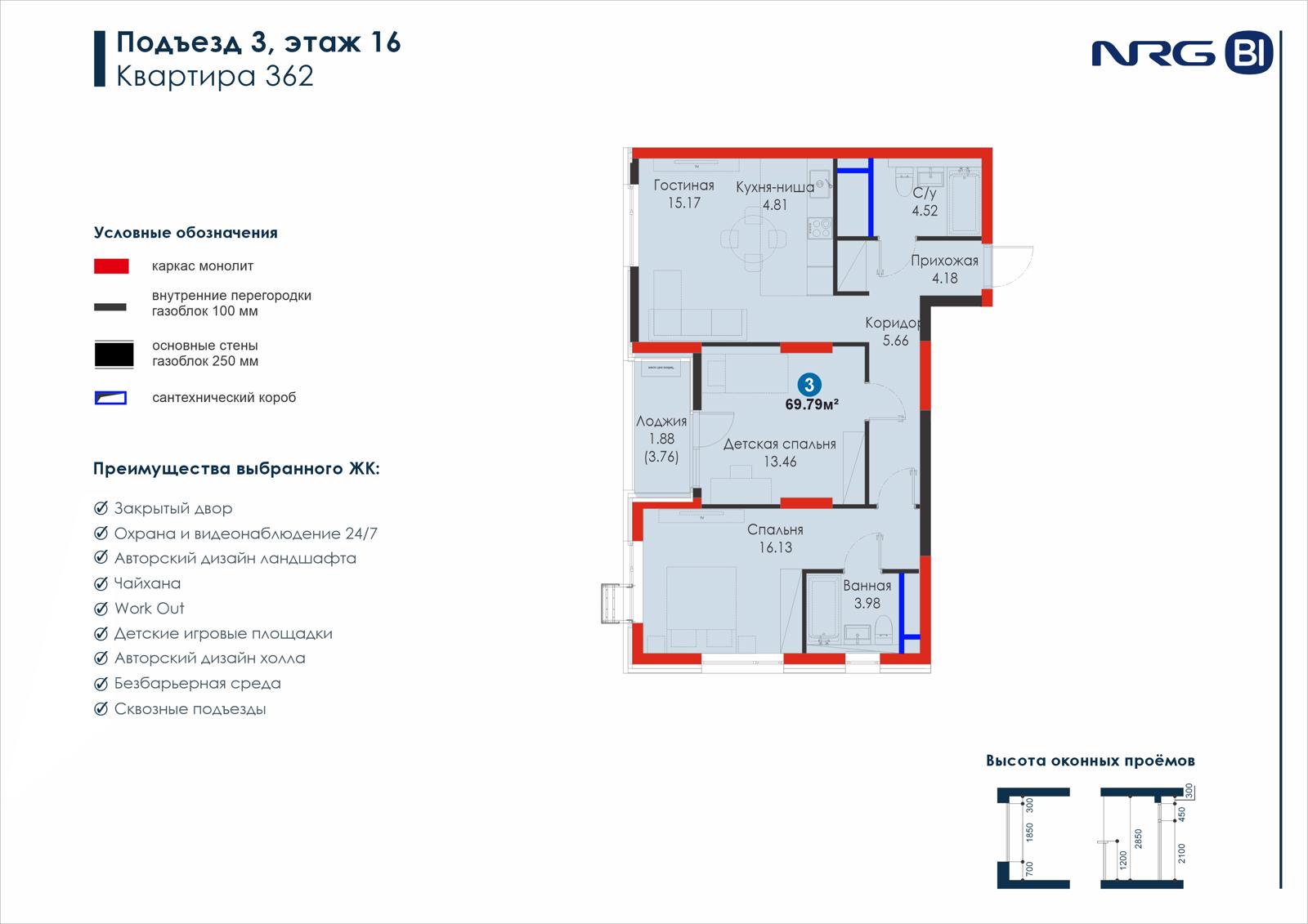 3-комнатная квартира, 69.8 м² — планировка