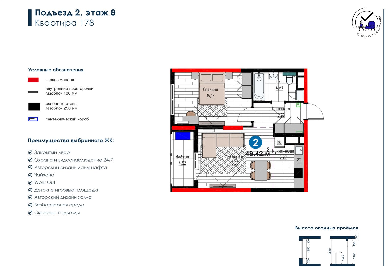 2-комнатная квартира, 49.4 м² — планировка