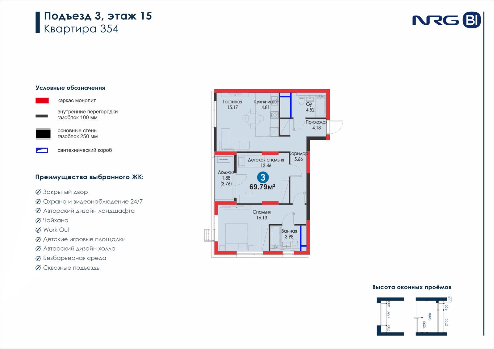 3-комнатная квартира, 69.8 м² — планировка
