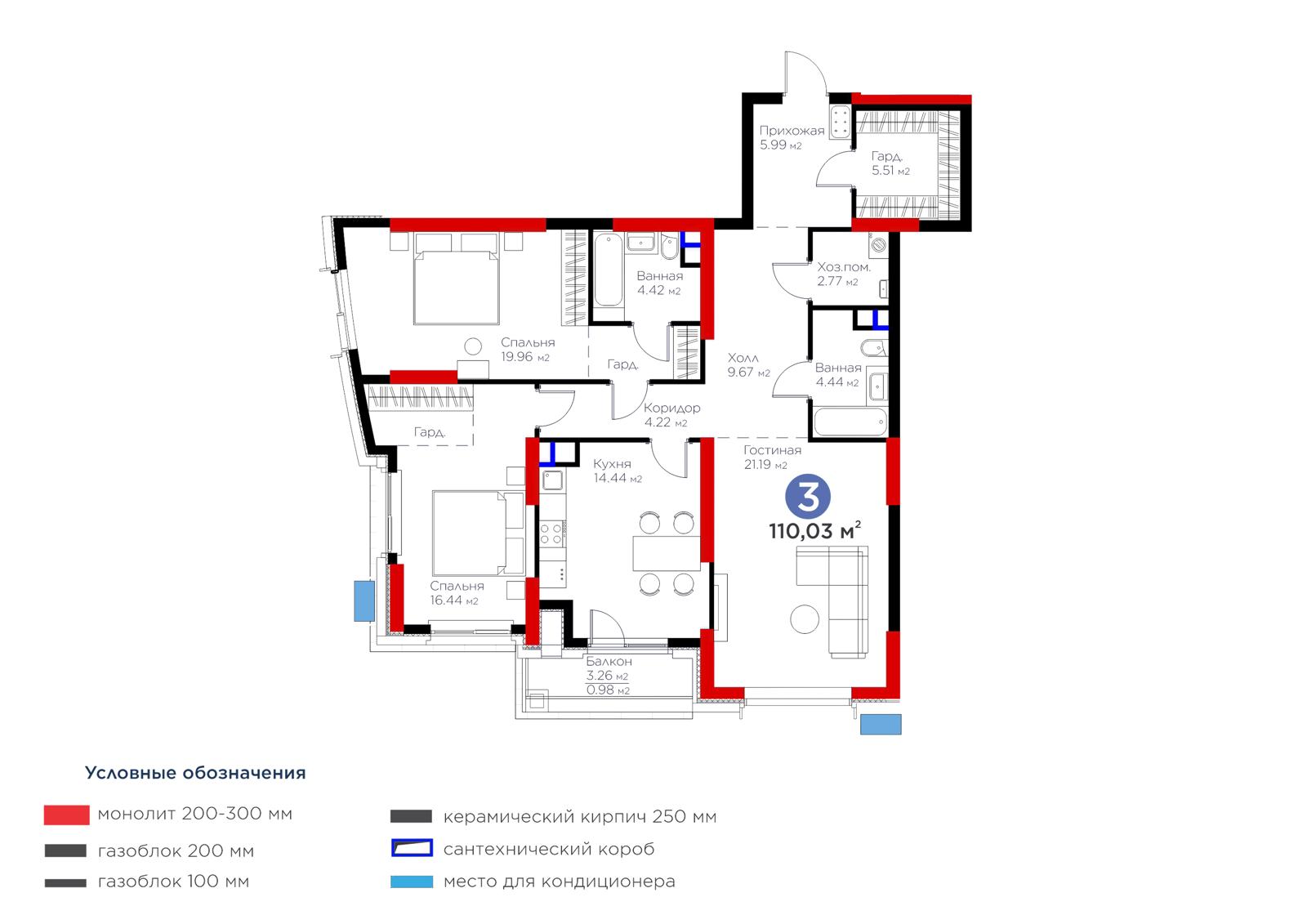 3-комнатная квартира, 109.5 м² — планировка