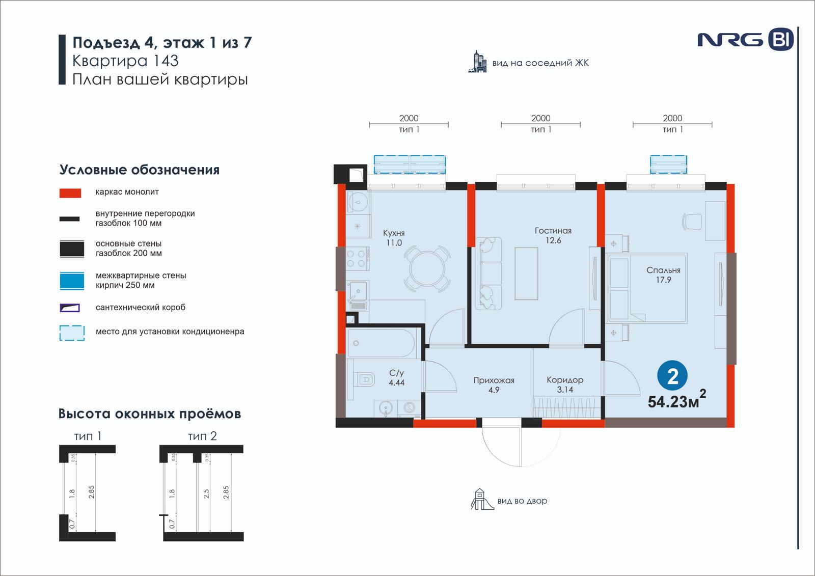 2-комнатная квартира, 54.2 м² — планировка