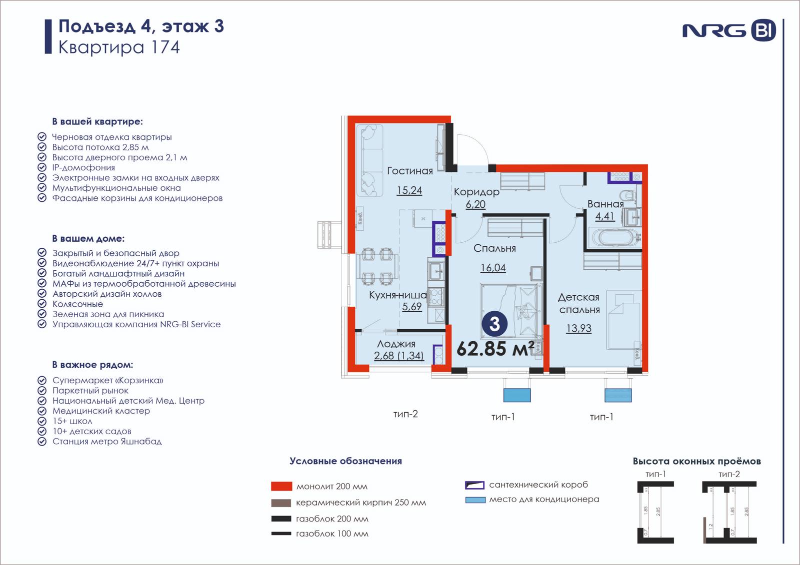 3-комнатная квартира, 62.9 м² — планировка