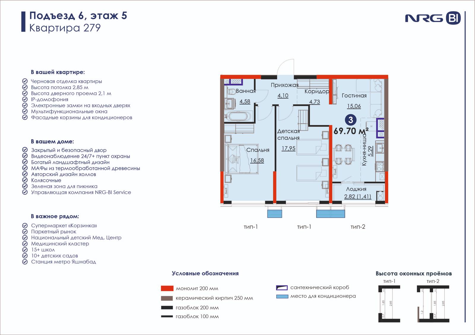 3-комнатная квартира, 69.7 м² — планировка