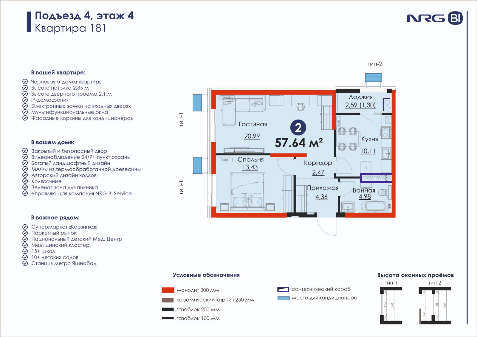 2-комнатная квартира, 57.6 м² — планировка