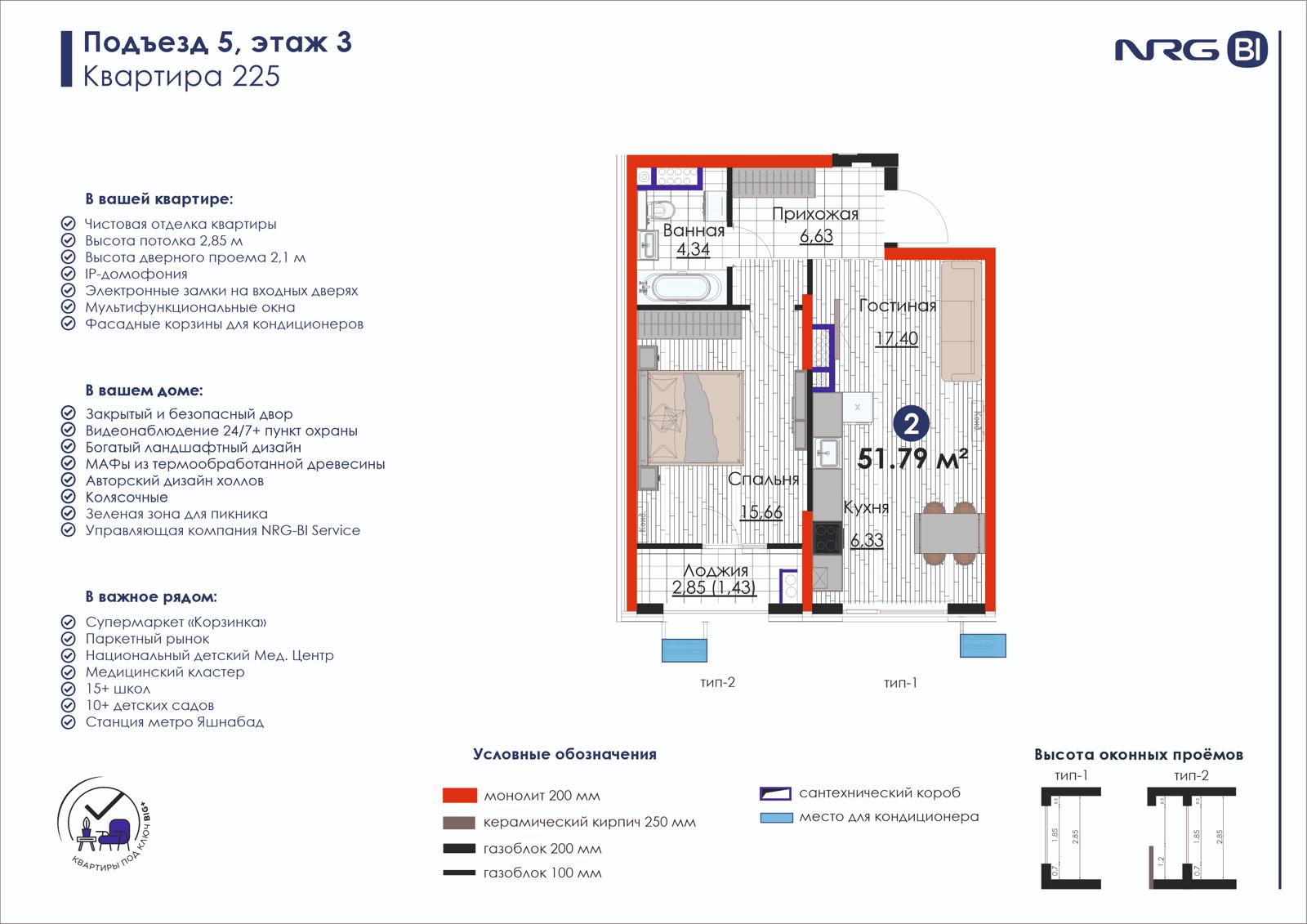 2-комнатная квартира, 51.8 м² — планировка