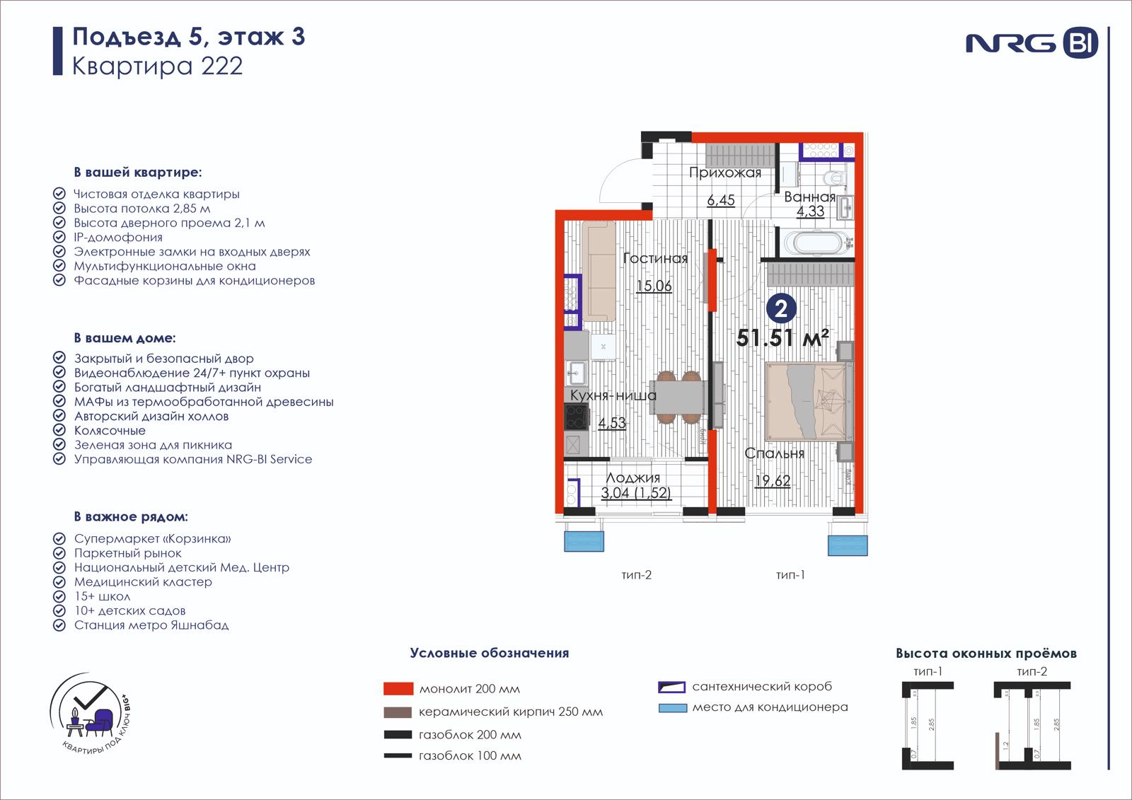 2-комнатная квартира, 51.5 м² — планировка