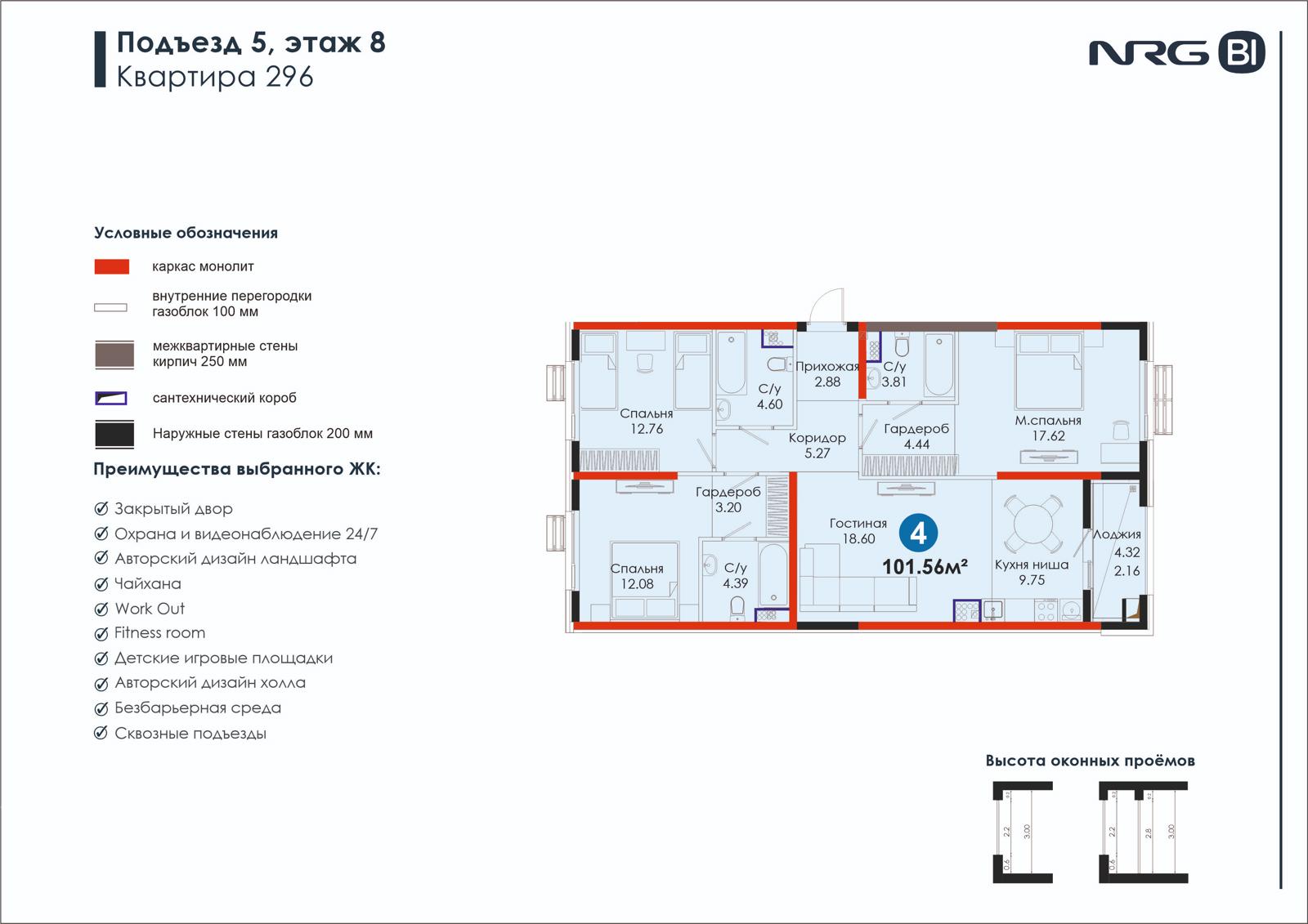 4-комнатная квартира, 101.6 м² — планировка