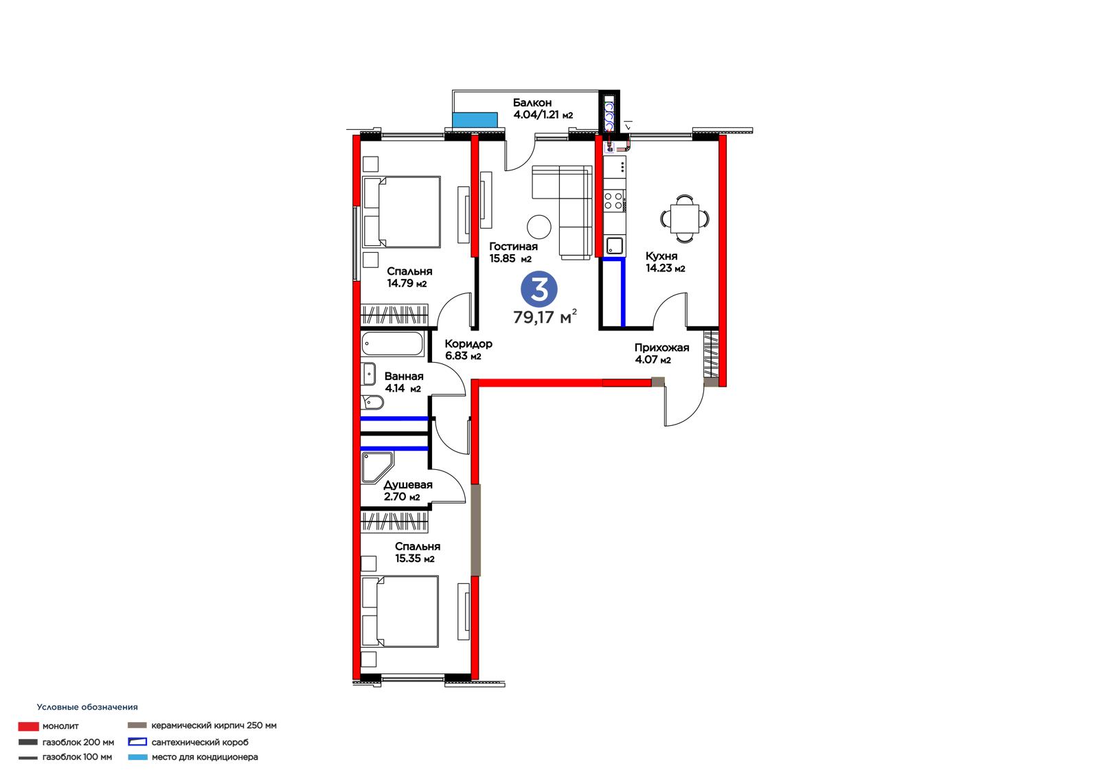 3-комнатная квартира, 79.2 м² — планировка