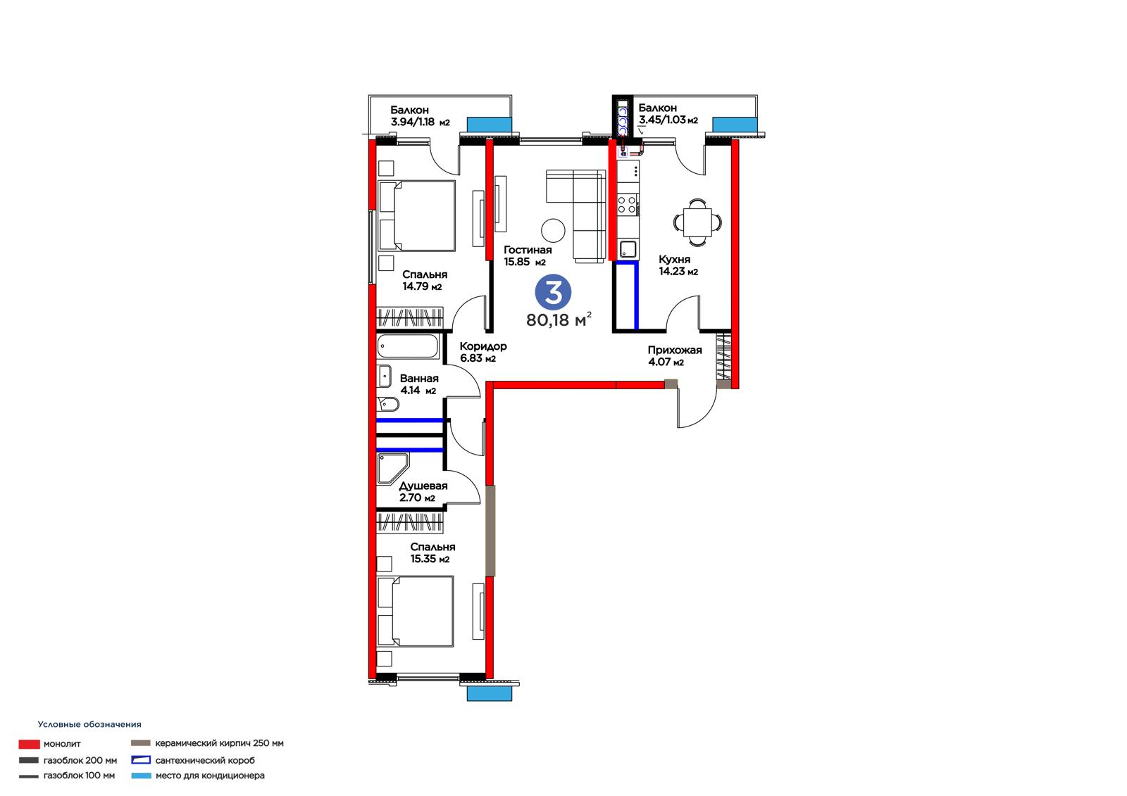 3-комнатная квартира, 80.1 м² — планировка